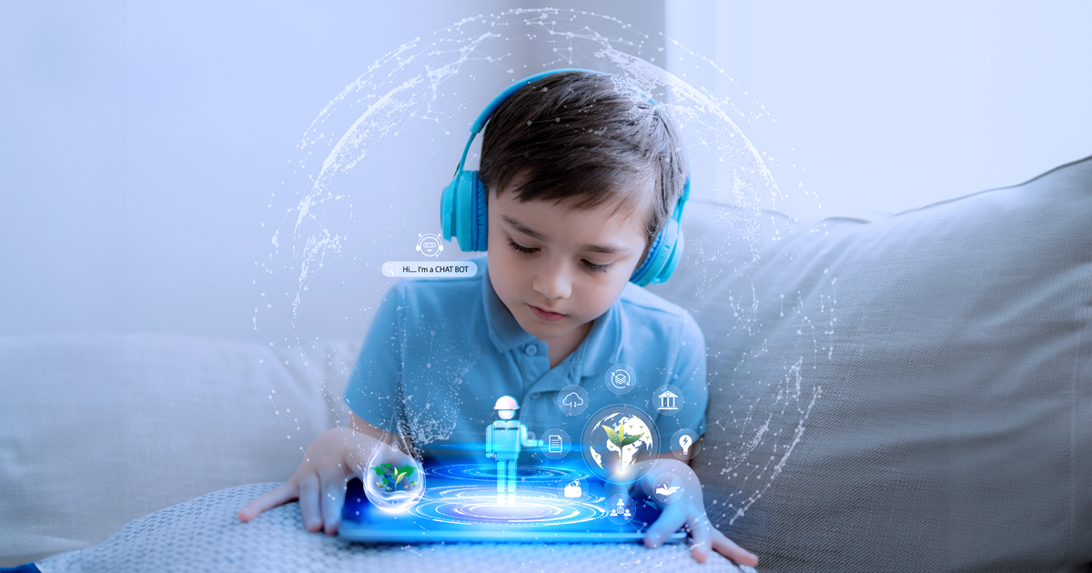 A student studying on a tablet wearing headphones.