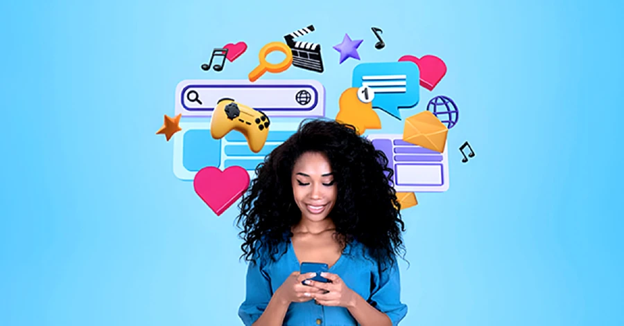 A smiling black woman typing on her phone. There are mobile apps and logos above her head. 