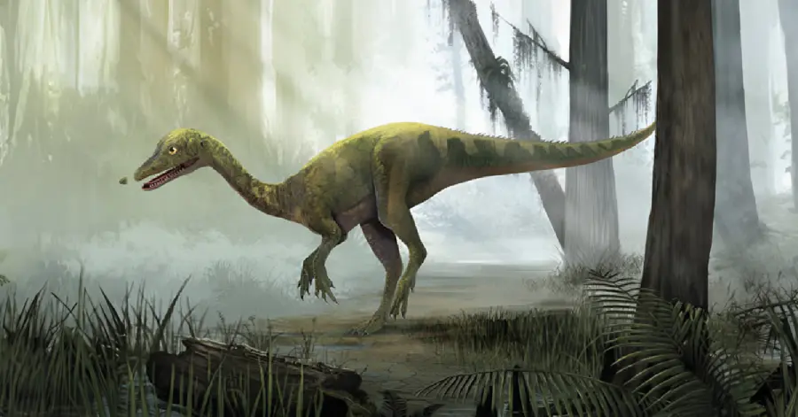 An immersive learning simulation of a dinosaur in the forest.