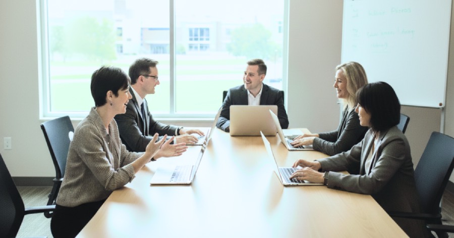 A group of people in a bright conference room working on their laptops, while having a conversation, showcasing teamwork and strategy discussions common among UK EdTech companies. 