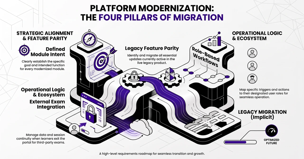 An infographic titled “Platform Modernization: The Four Pillars of Migration” outlining an AI-native modernization roadmap for seamless transition and growth. The central platform illustration is surrounded by four migration pillars: Strategic Alignment & Feature Parity, covering “Defined Module Intent” and establishing the specific goal and intended function for every module; Legacy Feature Parity, focused on identifying and migrating all essential updates currently active in the live legacy product; Operational Logic & Ecosystem Integration, covering external integrations and maintaining data and session continuity when learners exit the platform, alongside Role-Based Workflows that map specific triggers and actions to user-designed user flows for seamless operation; and Legacy Migration (Implicit), leading toward an Optimized Future. The graphic presents a high-level requirements roadmap for a seamless transition and growth.