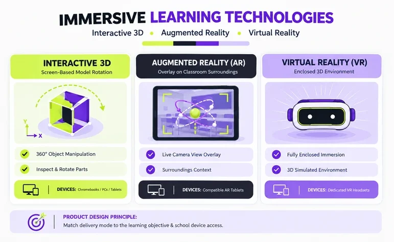 K-12 immersive learning solutions comparison of Interactive 3D, augmented reality, and virtual reality technologies, showing screen-based manipulation of 3D models, AR overlays on classroom surroundings, and fully enclosed VR environments, along with compatible devices and examples of interactive learning experiences.